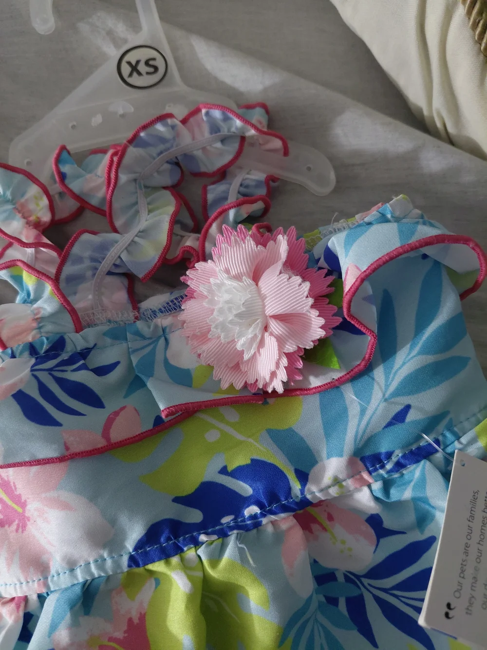 SimplyDog Light Blue Floral Dog Dress with Pink Flower Accent